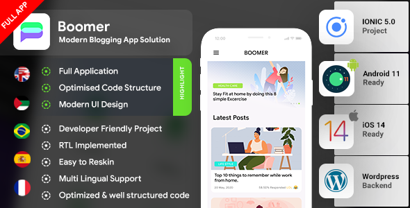 Blog Android App + Blog iOS App IONIC 5 Full Application | Boomer Ionic News &amp; Blogging Mobile App template