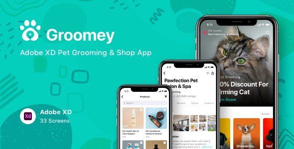 Groomey - Adobe XD Pet Grooming & Shop App  Ecommerce Design Uikit