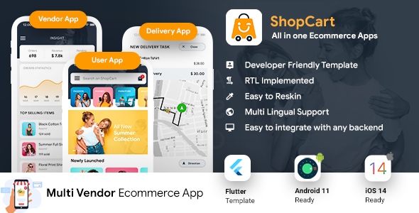 NEW eCommerce Flutter App Template | 3 Apps | User App + Vendor App + Delivery App | ShopCart Flutter Ecommerce Mobile App template