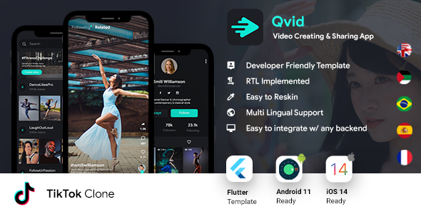TikTok| Video Creating Android App + Video Creating iOS App Template | Flutter | Qvid Flutter Music &amp; Video streaming Mobile App template