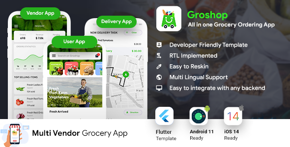Grocery Flutter App Template | 3 Apps | User App + Seller App + Delivery App | GroShop Flutter Ecommerce Mobile App template