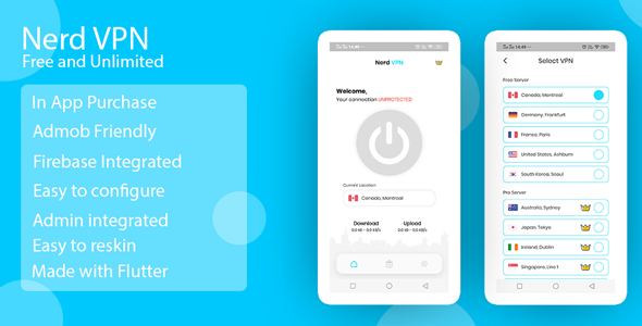 Nerd VPN : Flutter VPN Android Full Application with IAP, Integrated with Backend and Admin Panel Flutter  Mobile Uikit