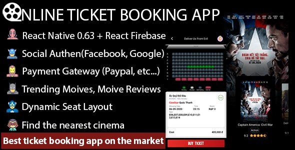 Online Movie Ticket Booking App - React Native React native Travel Booking &amp; Rent Mobile App template