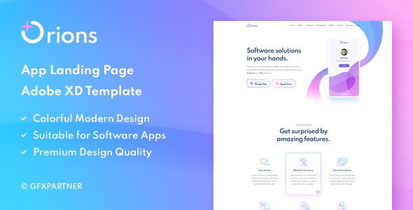 Orions – App Landing Page Adobe XD Template   Design App template