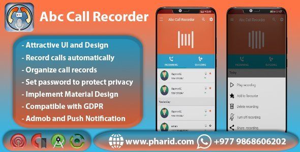 Abc Call Recorder - Beautiful UI, Admob, Firebase Push Notification, Playstore Policy Compatiable Android  Mobile App template