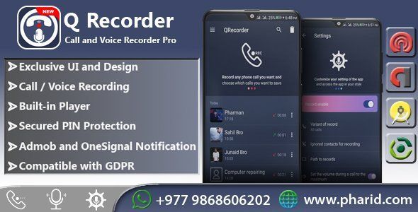 QRecorder - Call and Voice Pro | Beautiful UI, Ads Slider, Admob, Push Notification Android Music &amp; Video streaming Mobile App template