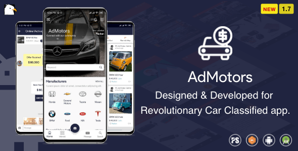 AdMotors For Car Classified BuySell Android App with Chat ( 1.7 ) Android Chat &amp; Messaging Mobile App template