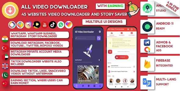 All Video Downloader & Story Saver | 45 Websites Earning-Snackvideo, Whatsapp, Tiktok, Instagram, FB Android Chat &amp; Messaging Mobile App template