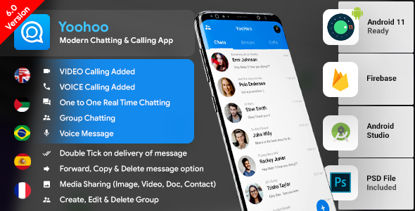 Android Chatting App with Voice/Video Calls, Voice messages + Groups -Firebase | Complete App|YooHoo Android Chat &amp; Messaging Mobile App template