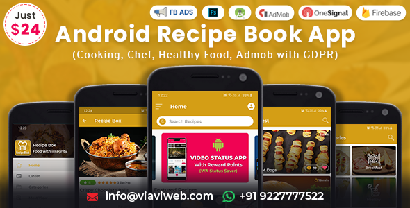 Android Recipe Book App (Cooking,Chef,Healthy Food, Admob with GDPR) Android Books, Courses &amp; Learning Mobile App template