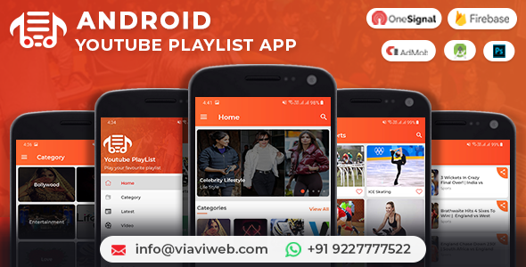 Android YouTube PlayList App (Youtubers, YT PlayLists, YT Videos) with Admob Ads Android  Mobile App template