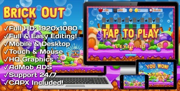 Brick Out - HTML5 Game, Mobile Version+AdMob!!! (Construct 3 | Construct 2 | Capx) Android Game Mobile App template