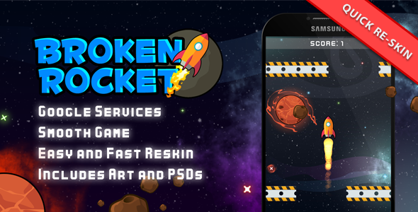 Broken Rocket - Leaders + IAP + Admob + Share Android Game Mobile App template