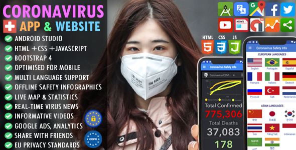 CoronaVirus (COVID-19) Safety Guide - Multi Language + Real-time Map & Stats + Live News + AdMob Android News &amp; Blogging Mobile App template