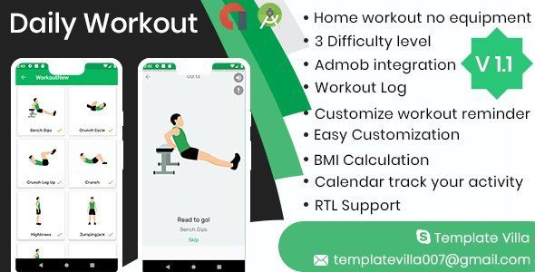 Daily Workouts - No Equipment Required Android Sport &amp; Fitness Mobile App template