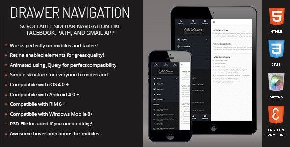 Drawer | Sidebar Navigation for Mobiles & Tablets Android  Mobile App template