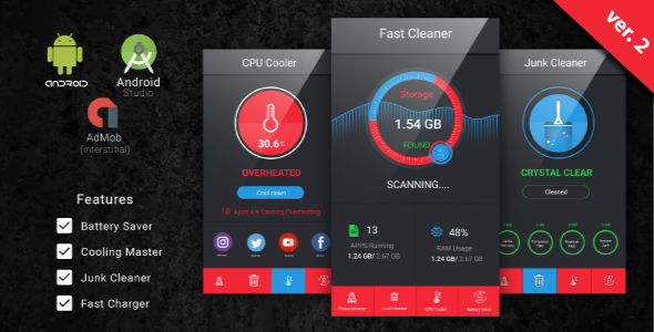 Fast Cleaner, Fast Charger & Battery Saver with Admob Ads Android  Mobile App template