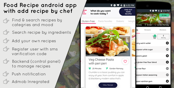 Food Recipe android app with add recipe by chef Android Books, Courses &amp; Learning Mobile App template