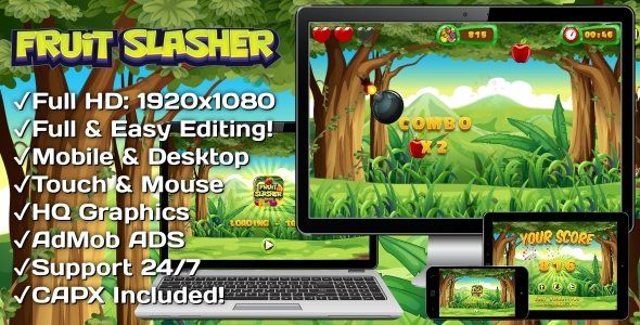 Fruit Slasher - HTML5 Game, Mobile Version+AdMob!!! (Construct 3 | Construct 2 | Capx) Android Game Mobile App template