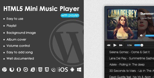 HTML5 Mini Music Player With Playlist - WP Plugin Android Music &amp; Video streaming Mobile App template