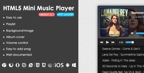 HTML5 Mini Music Player With Playlist Android Music &amp; Video streaming Mobile App template