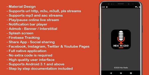 Hex Radio - Single Online Radio Player App for Android with Admob Android Music &amp; Video streaming Mobile App template