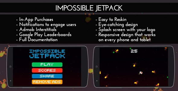 Impossible Jetpack - Admob + IAP + Leaderboards Android Game Mobile App template