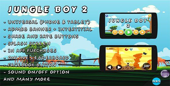 Jungle Boy 2 Android Game, Easy to reskin. Admob Ads, IAP, Multiple characters, And more Android Game Mobile App template
