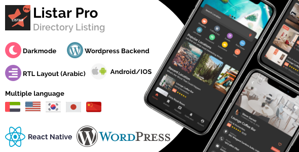 Listar Pro - mobile directory listing app for React Native & Wordpress React native Ecommerce Mobile App template