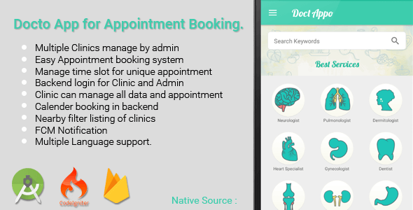 Multiple Clinic App - Appointment Booking for Doctor Android Travel Booking &amp; Rent Mobile App template
