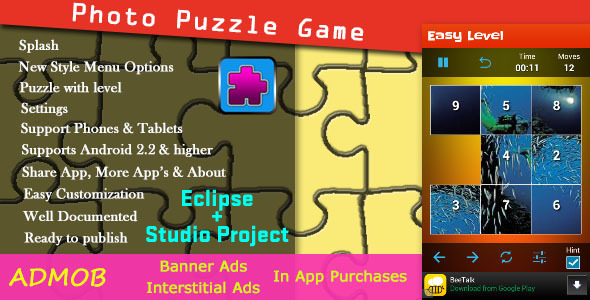 Photo Puzzle Game with AdMob Android  Mobile App template