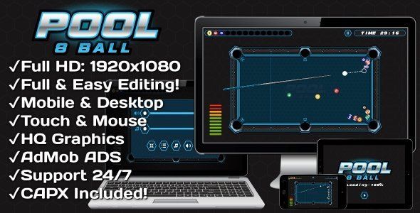 Pool 8 Ball - HTML5 Game + Mobile Version! (Construct 3 | Construct 2 | Capx) Android Game Mobile App template