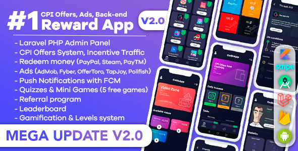 Premium Rewards App - CPI Offers System & Rewards App & HTML5 Mini Games + PHP Laravel Admin Panel Android Ecommerce Mobile App template
