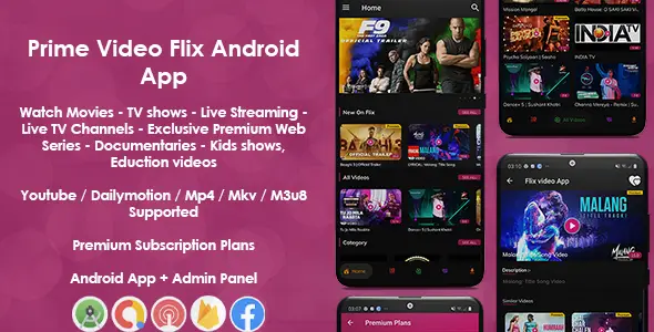 Prime Video Flix App: Movies - Shows - Live Streaming - TV - Web Series - Premium Subscription Plan Android Music &amp; Video streaming Mobile App template