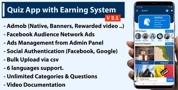 Quiz App with Earning System + Admin Panel Android Finance &amp; Banking Mobile App template