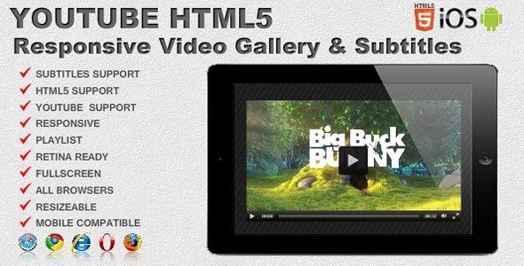 Responsive Video Gallery Youtube HTML5 & Subtitles Android  Mobile App template