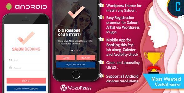 Saloon Booking Android Native App with Wordpress Plugin with Responsive Web Theme Android Travel Booking &amp; Rent Mobile App template