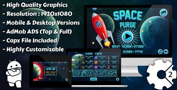 Space Purge - HTML5 Game, Mobile Version+AdMob!!! (Construct 3 | Construct 2 | Capx) Android Game Mobile App template