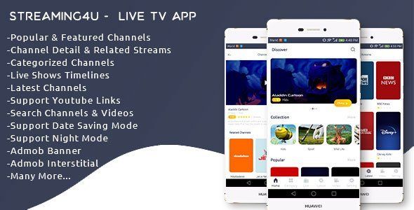 Streaming4u - Live Tv and Streaming app with Admin panel Android Music &amp; Video streaming Mobile App template