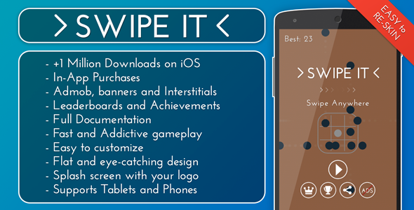 Swipe It - Admob + IAP + Leaderboards Android Game Mobile App template