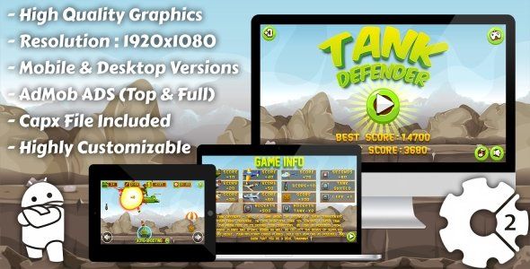 Tank Defender - HTML5 Game, Mobile Version+AdMob!!! (Construct 3 | Construct 2 | Capx) Android Game Mobile App template