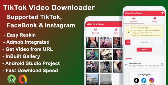 Tiktok, Facebook, Instagram video downloader -Download videos Android Books, Courses &amp; Learning Mobile App template