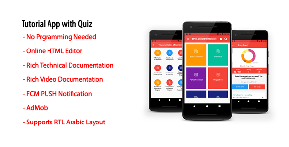 Tutorial App with Quiz | Native Android Offline Learning App with AdMob & Firebase PUSH Notification Android Books, Courses &amp; Learning Mobile App template