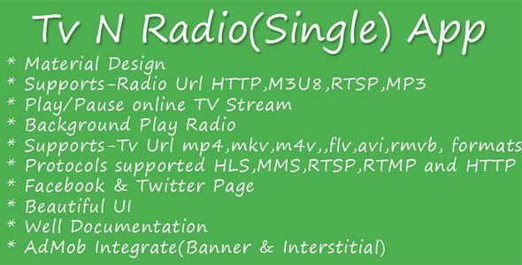 Tv N Radio(Single) App Android Music &amp; Video streaming Mobile App template