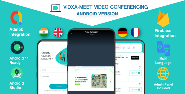 VIDXA MEET – Free Video Conferencing & Audio Conferencing App | Zoom Clone (Android + Admin Panel) Android Chat &amp; Messaging Mobile App template