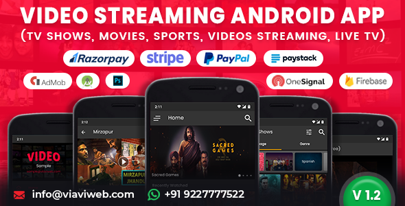 Video Streaming Android App (TV Shows, Movies, Sports, Videos Streaming, Live TV) Android Music &amp; Video streaming Mobile App template