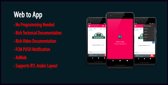 Web to App | Native Universal Android WebView App with AdMob & Firebase PUSH Notification Android  Mobile App template