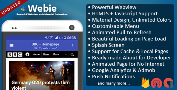 Webie - Animated WebView App for Android with Push Notification, AdMob & Lots of Animations Android Developer Tools Mobile App template