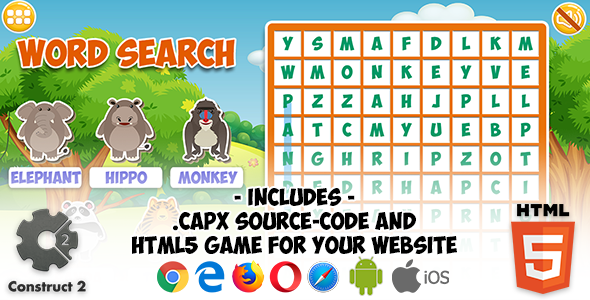 Word Search Game - Construct 2 Source Code and HTML5 Files for your Site Android Game Mobile App template