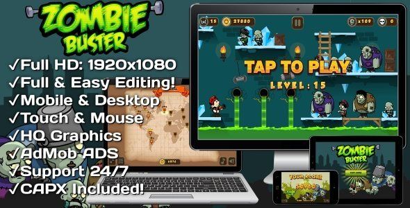 Zombie Buster - HTML5 Game 20 Levels + Mobile Version! (Construct 3 | Construct 2 | Capx) Android Game Mobile App template